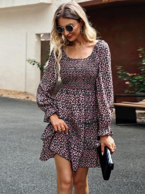 Elegant Square Collar Floral Dress – Autumn