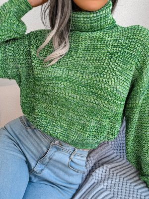 Mixed Color Lantern Sleeve Turtleneck Knit Sweater