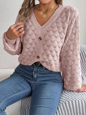 V-Neck Buttoned Lantern Sleeve Sweater