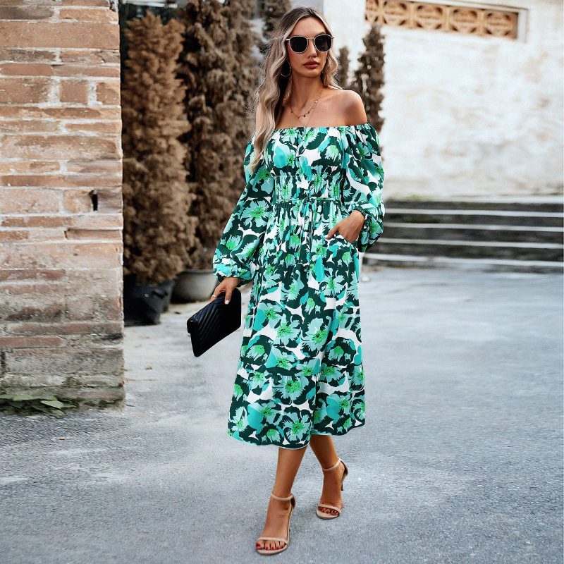 Autumn Elegant Square Collar Printed Dress - Image 3