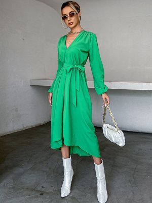 V-Neck Maxi Dress with Long Sleeves and Pleats