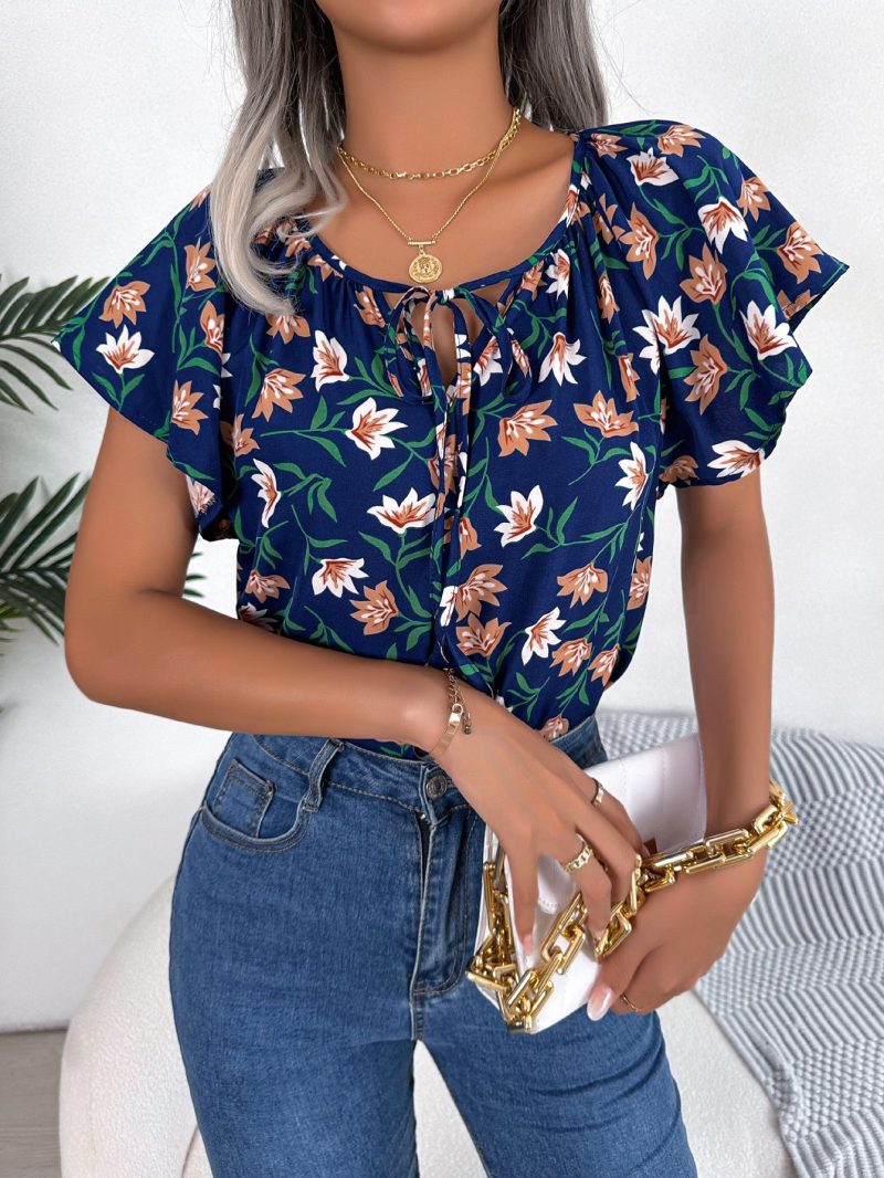 Casual Loose Chiffon Shirt Top with Lotus Leaf Self-Tie - Image 5