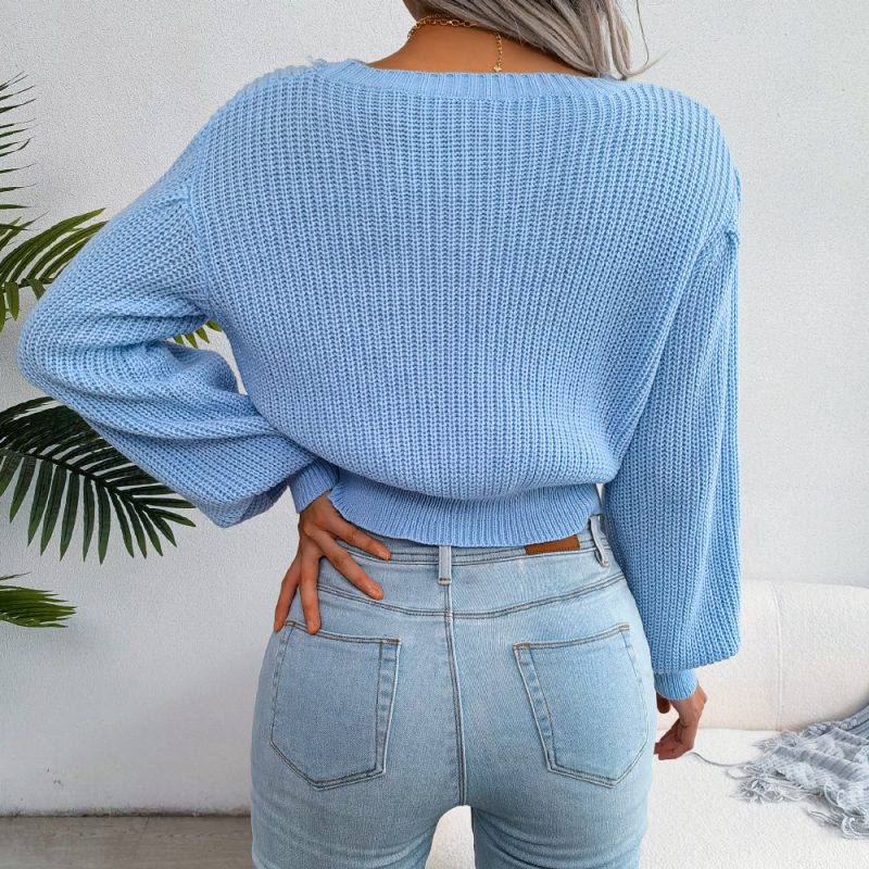 Lantern Sleeve Waist-Trimming Knitted Sweater - Image 5