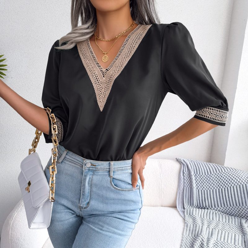 Lace V-Neck Half Sleeve Chiffon Shirt - Image 7