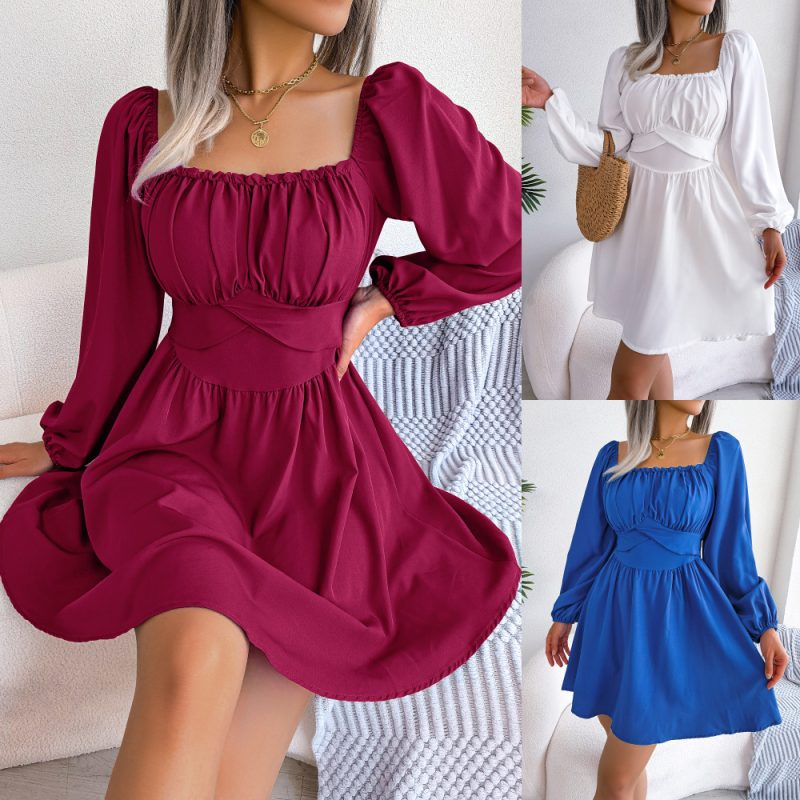 Casual Solid Color Square Neck Cinched Swing Dress - Image 4