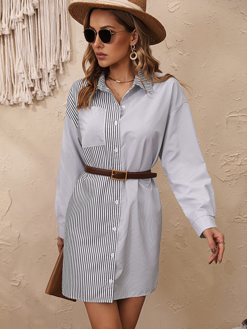 Summer Gray Striped Patchwork Shirt - Image 4
