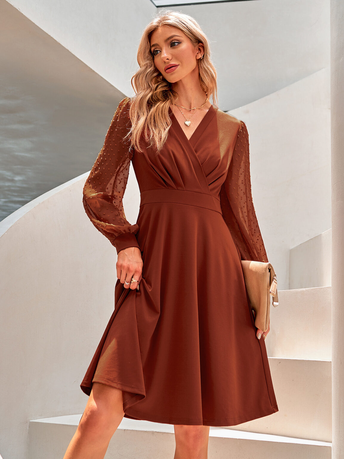 V-Neck Jacquard Dress - Women's Autumn/Winter Fashion