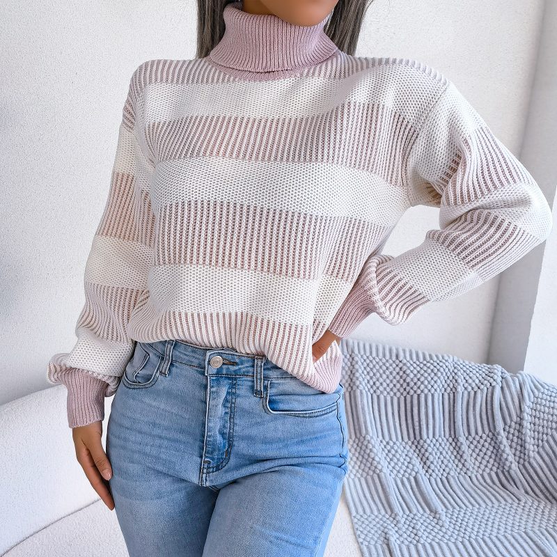 Striped Lantern Sleeve High Collar Sweater - Image 7