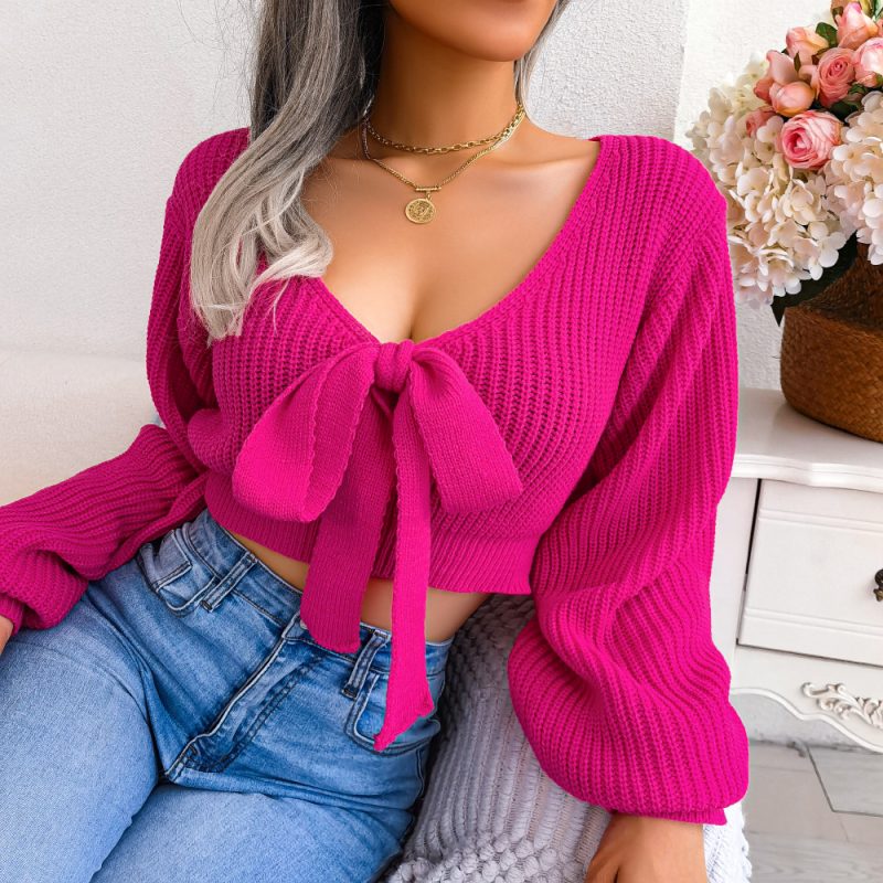Bowknot V-Neck Cropped Sweate - Image 9