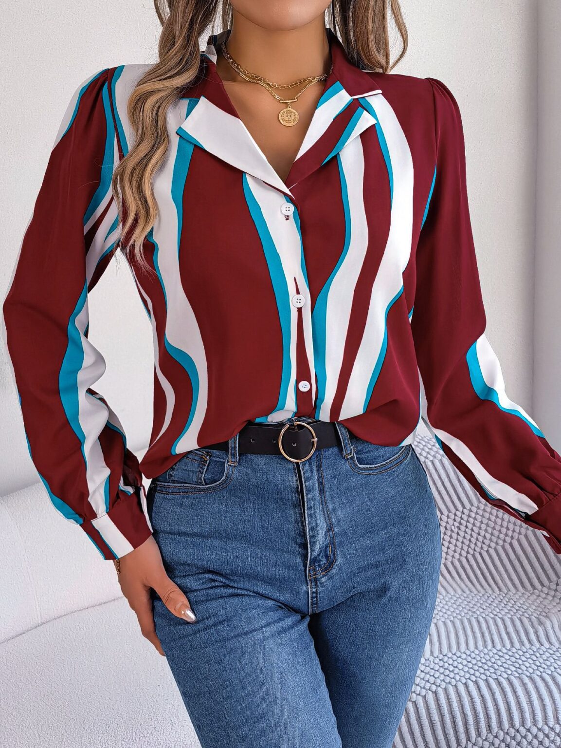 Striped Suit Collar Long Sleeve Shirt for Autumn/Winter - Image 6