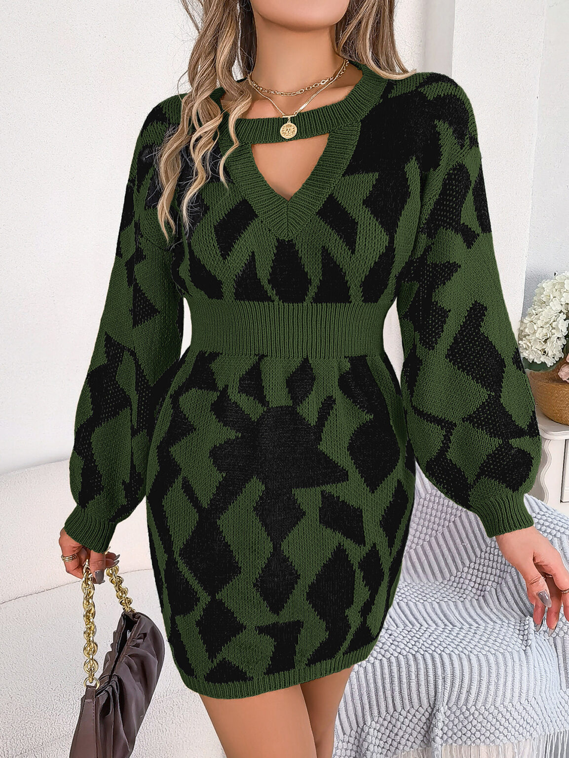Casual Color-Matching Hollow Sleeve Sweater Dress - Image 2