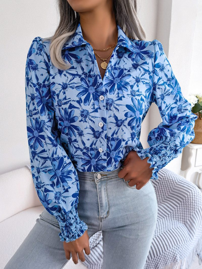 Casual Floral Collared Shirt with Lantern Sleeves - Image 3