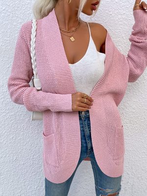 Chic Curved Hem Pocket Knitwear Sweater Coat