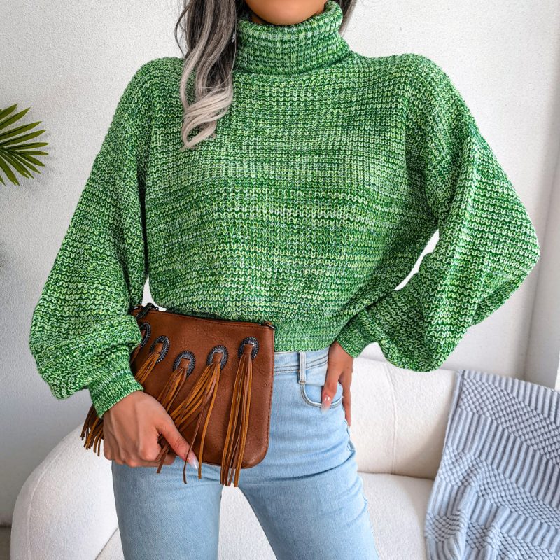 Mixed Color Lantern Sleeve Turtleneck Knit Sweater - Image 4
