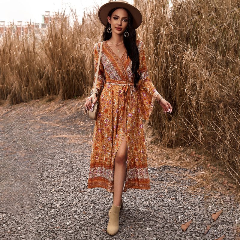 Casual V-neck Printed A-line Dress - Autumn/Winter - Image 2