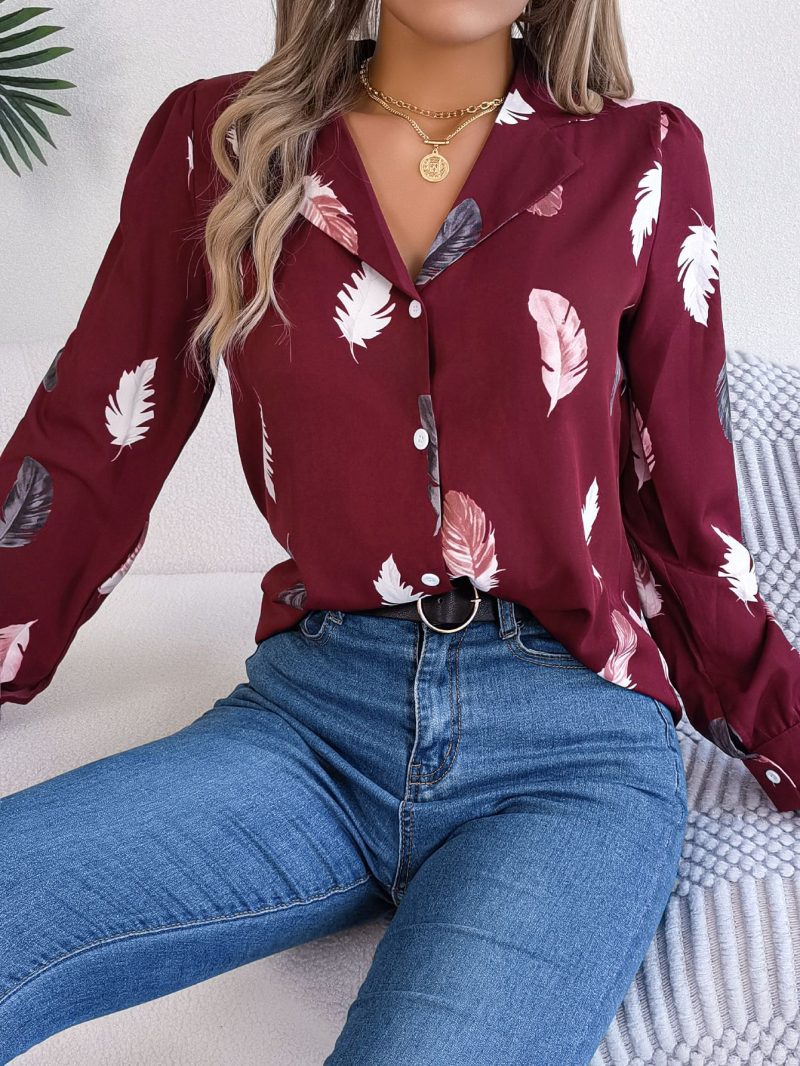 Feather Printed Suit Collar Long Sleeve Shirt - Image 3
