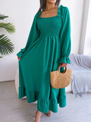 Casual Square Collar Flare Maxi Dress with Large Swing Ruffles