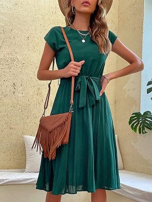 Products Summer Vacation Women Lace up Solid Color Pleated Dress