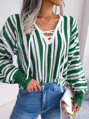 Striped Bandage Lantern Sleeve Sweater