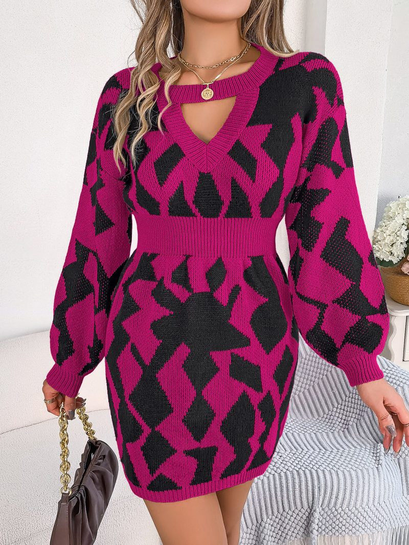 Casual Color-Matching Hollow Sleeve Sweater Dress - Image 8