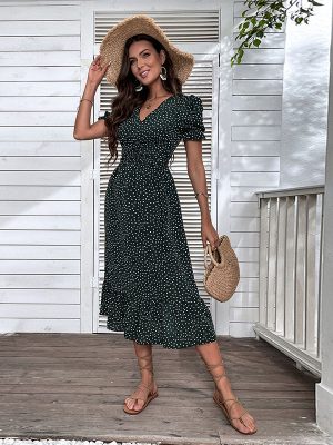 Summer Women Polka Dot V Neck Midi Dress