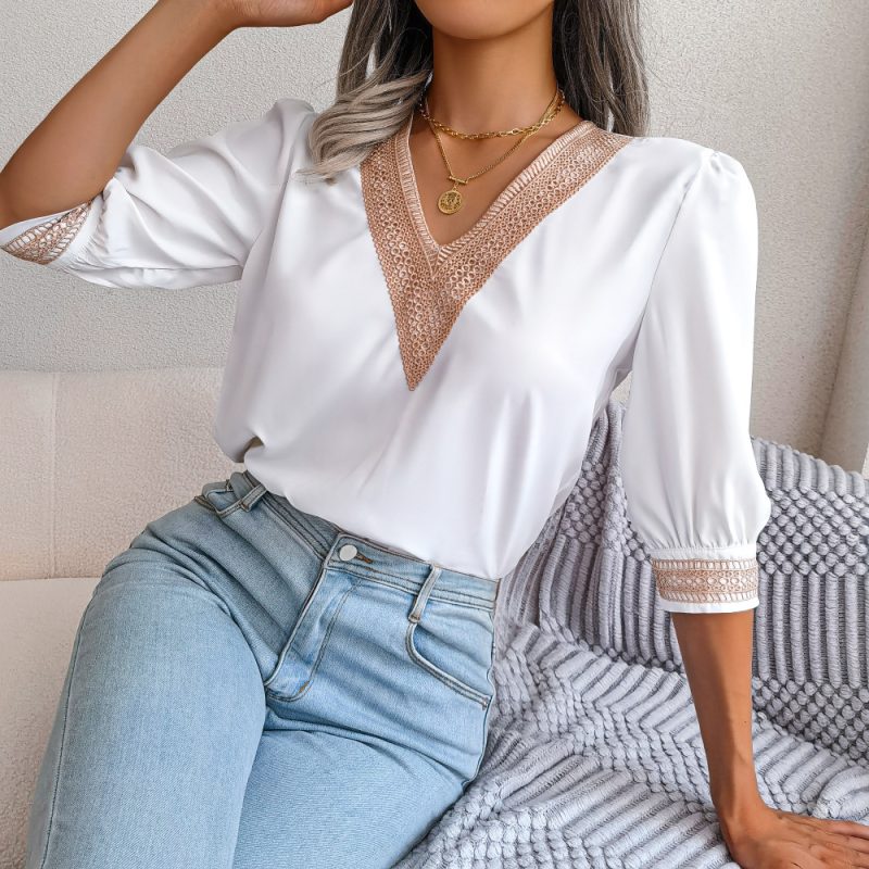 Lace V-Neck Half Sleeve Chiffon Shirt - Image 6