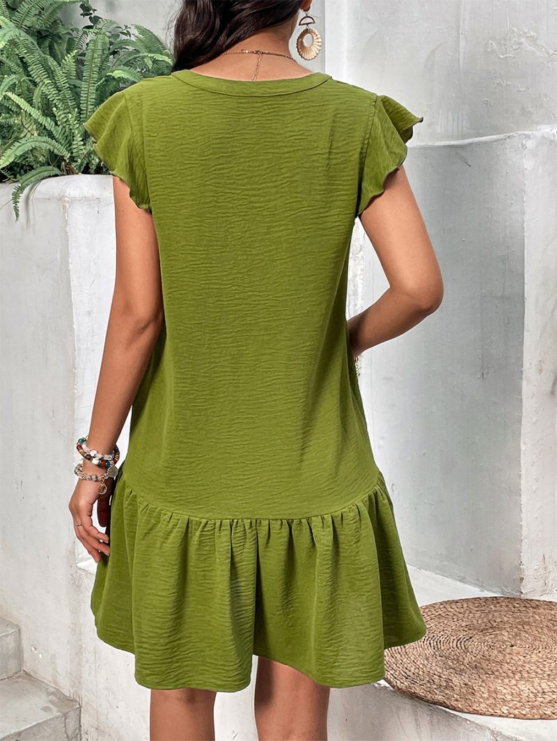 V-Neck Button Short Sleeve Dress - Solid Color - Image 2