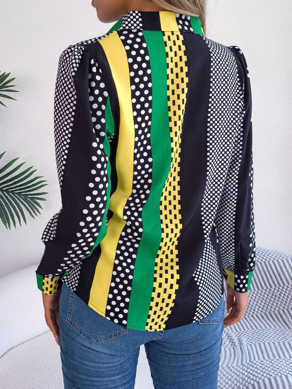 Contrast Color Polka Dot Collar Long Sleeve Shirt - Image 5