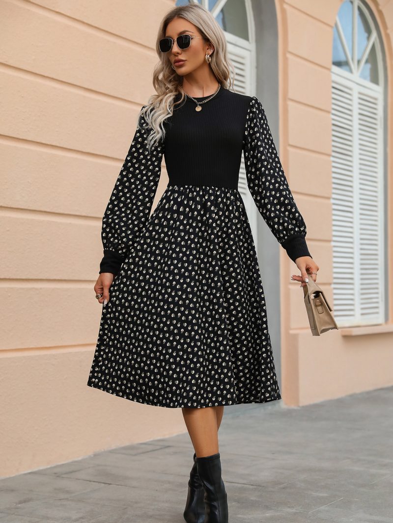 Printed Long Sleeve Waist-Trimming Women's Round Neck Dress - Image 5