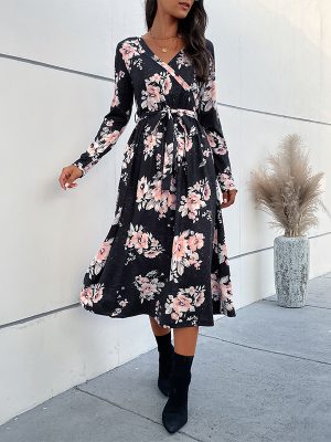 Women Clothing Long Sleeve Floral Autumn Dress