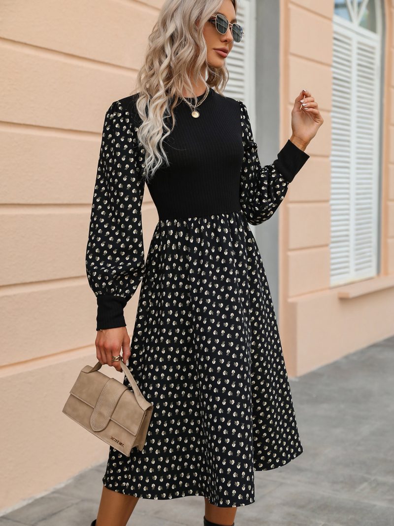 Printed Long Sleeve Waist-Trimming Women's Round Neck Dress - Image 2