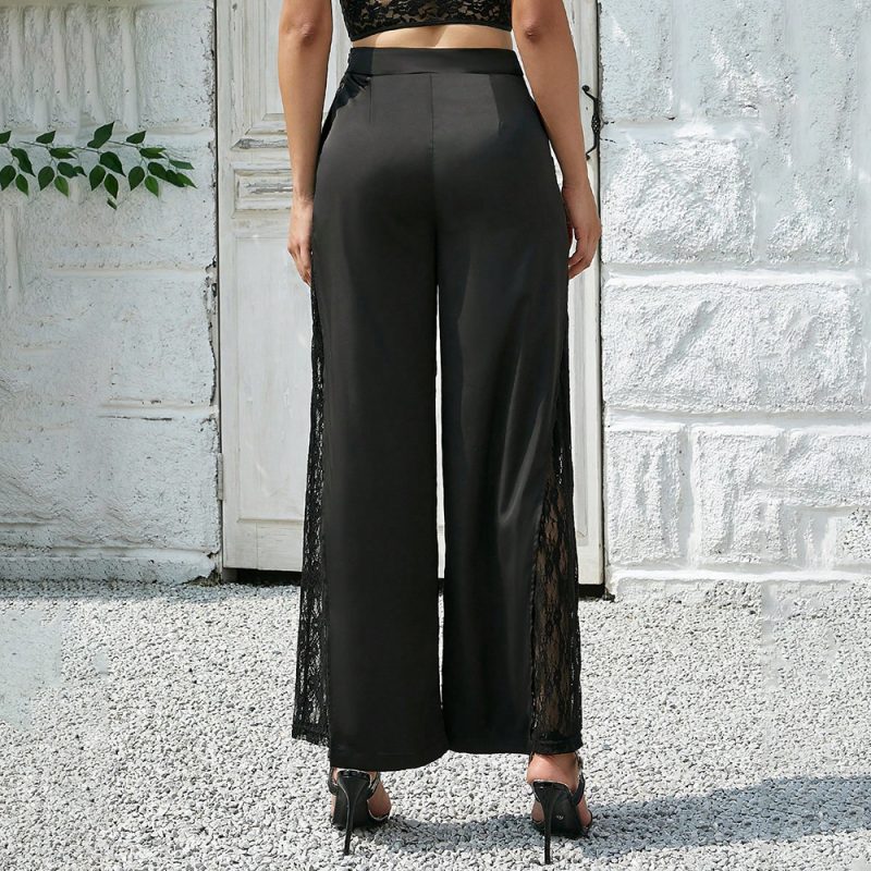 Autumn Elegant Slim Fit Pants Lace Stitching Casual Loose Draping Effect See through Trousers - Image 4