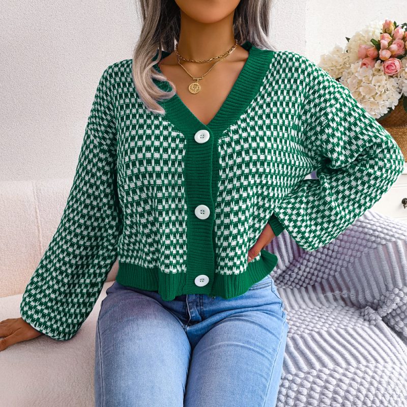Contrast Check Lantern Sleeve Cardigan - Image 7