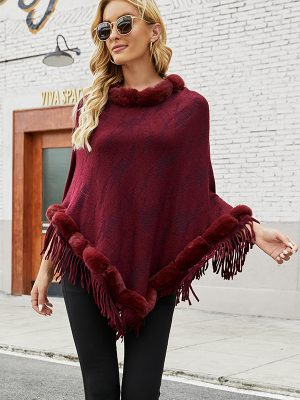 Chic Fur Collar Tassel Shawl Cape Sweater