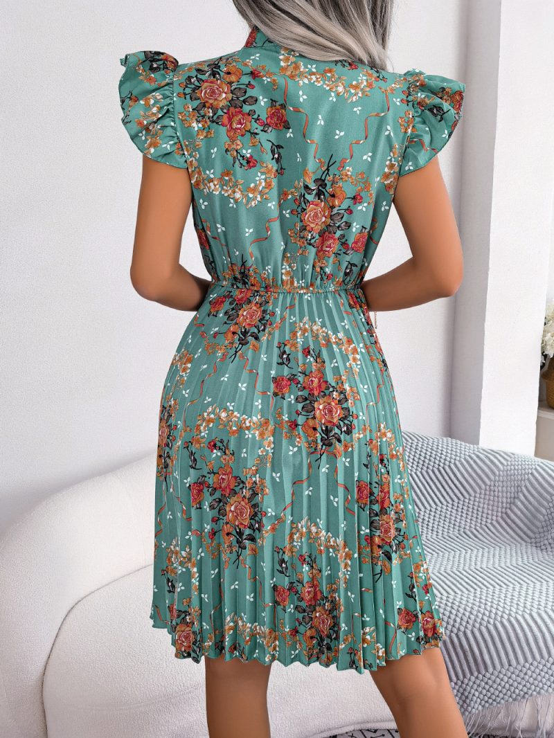 Dignified Floral Lace-Up Waist Pleated Dress - Image 8