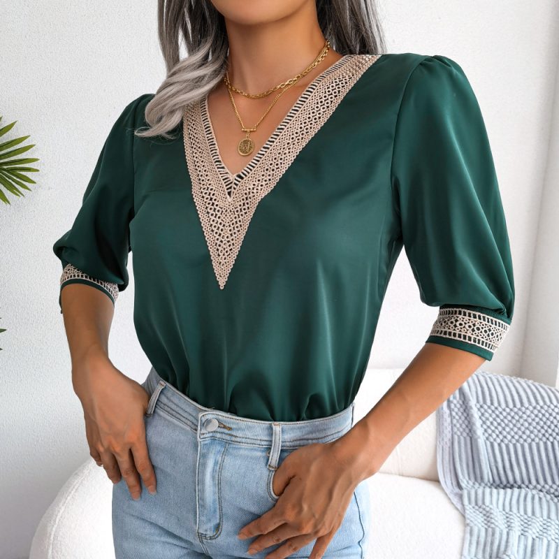 Lace V-Neck Half Sleeve Chiffon Shirt - Image 3
