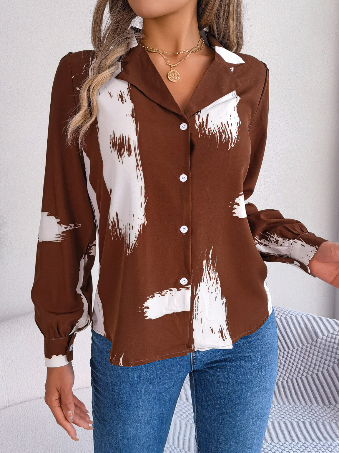 Contrast Striped Collar Long Sleeve Shirt - Image 5