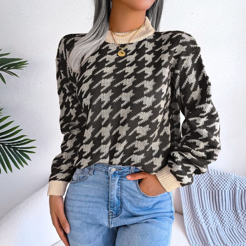 Houndstooth Long Sleeve Knitted Sweater - Image 8