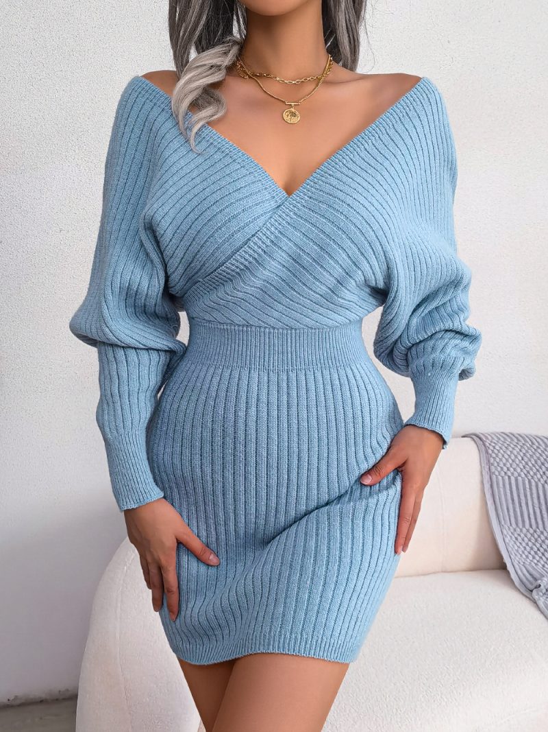 Criss Cross V-Neck Sheath Woolen Dress - Image 2