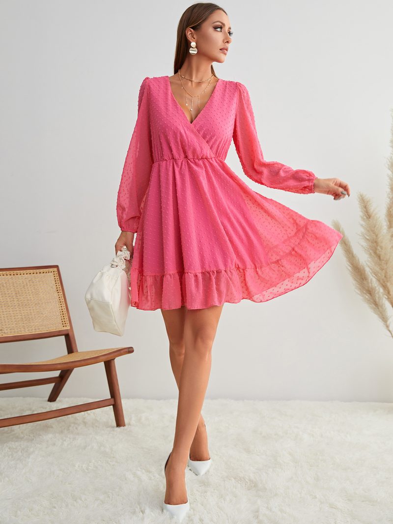 Deep V-Neck Ruffled Dress - Lantern Sleeve Style - Image 3