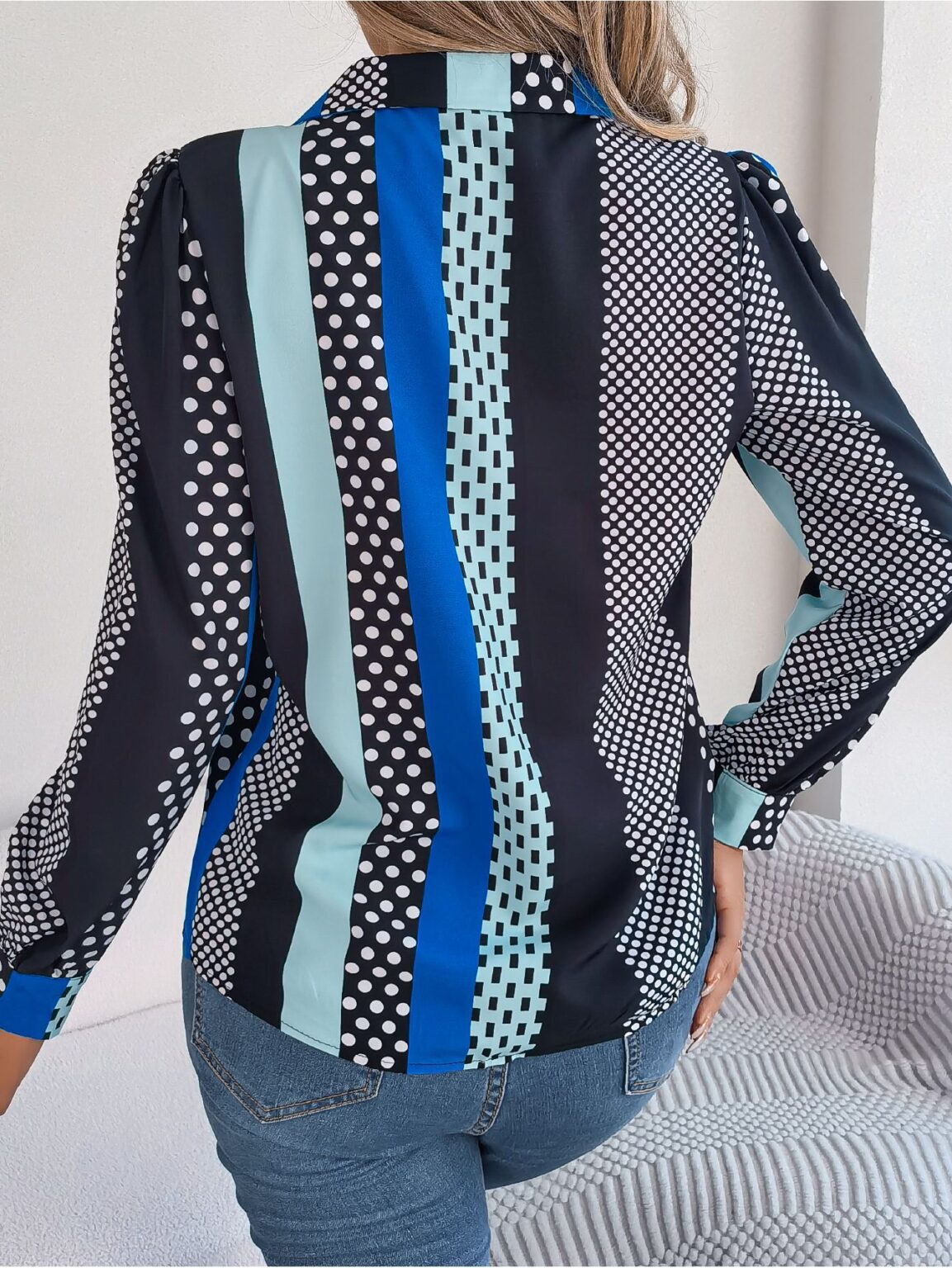 Contrast Color Polka Dot Collar Long Sleeve Shirt - Image 6