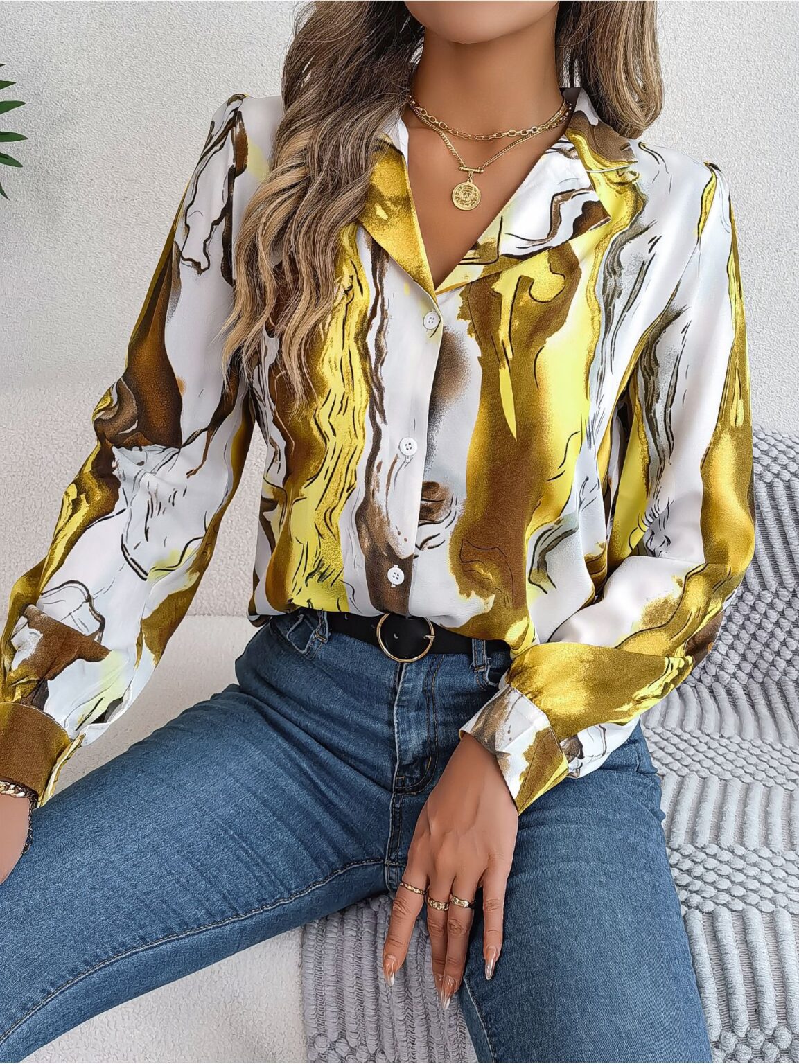 Casual Contrast Striped Collar Long Sleeve Shirt - Image 3