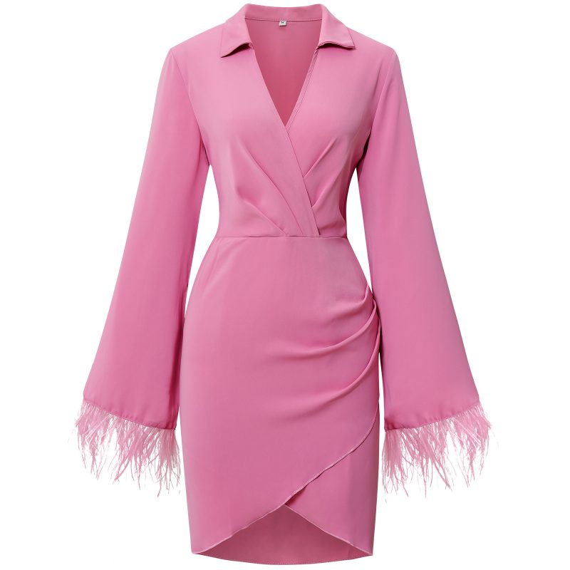 Women's Autumn Winter Furry Cuff Sheath Dress - Image 8