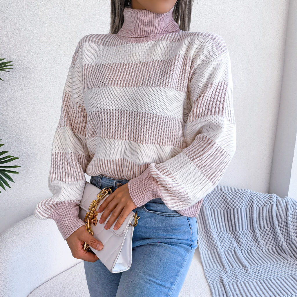Striped Lantern Sleeve High Collar Sweater - Image 8
