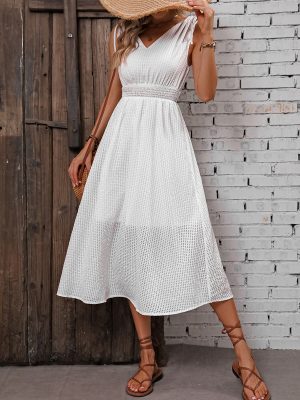 Elegant V-Neck Sleeveless White Dress