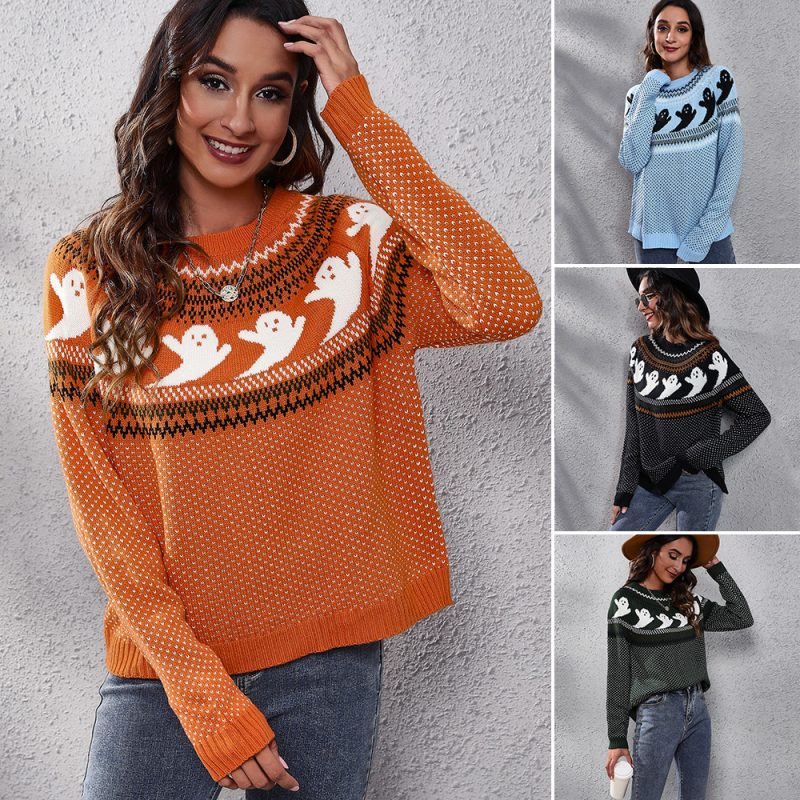 Ghost Skull Jacquard Retro Dots Long-Sleeved Knitted Sweater  Loose Autumn Winter Women Halloween - Image 4
