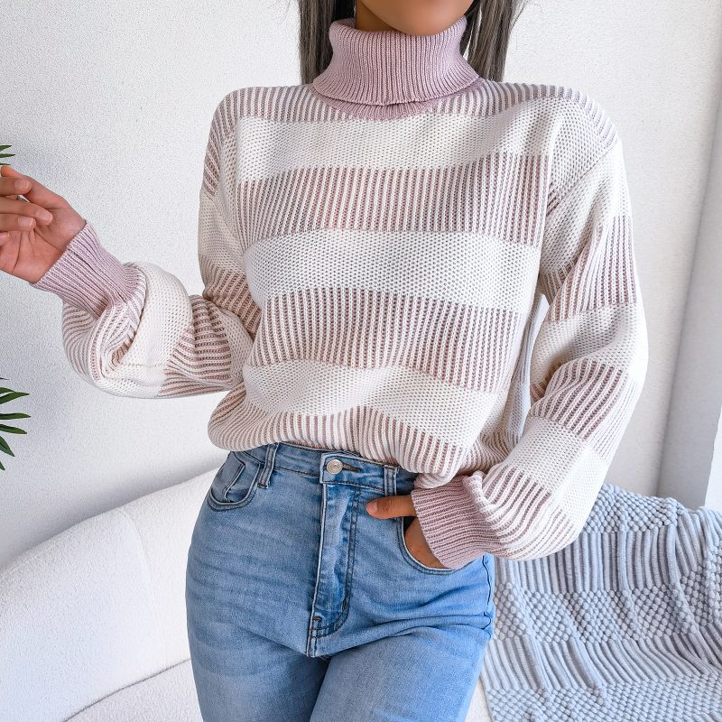 Striped Lantern Sleeve High Collar Sweater - Image 6