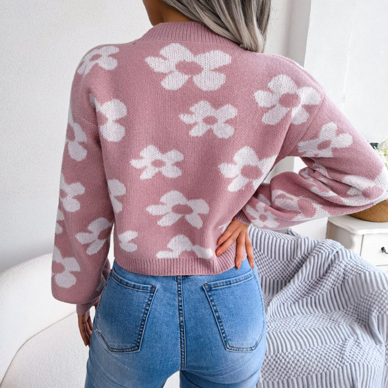 Contrast Floral Lantern Sleeve Cardigan - Image 3
