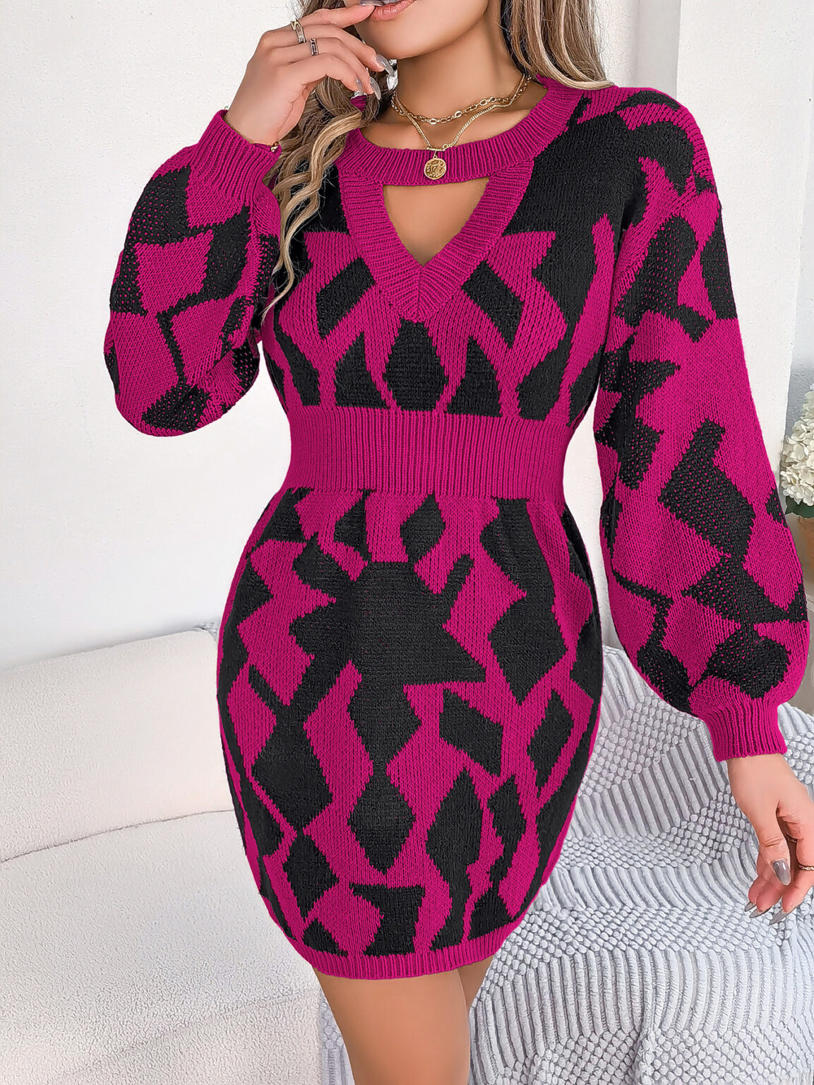 Casual Color-Matching Hollow Sleeve Sweater Dress - Image 4