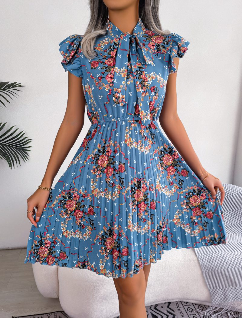 Dignified Floral Lace-Up Waist Pleated Dress - Image 2
